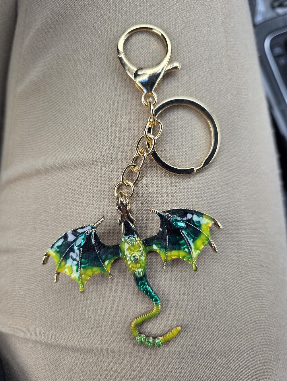 Gold Keychain with Green and Yellow Dragon Charm